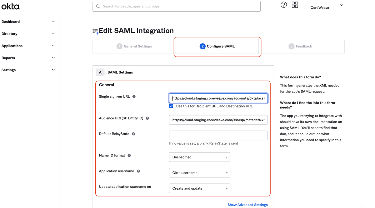 A complete SAML integration for CoreWeave Cloud on the Okta side